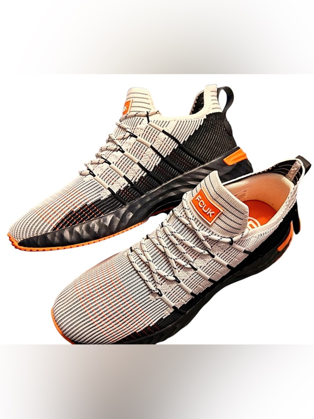 French Connection Men's Knit Sneakers in Cream, Black & Orange - Size 11